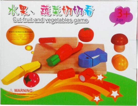 Set de frutas y verduras de madera para cortar con tabla y cuchillo