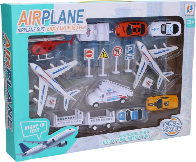 Set de aeropuerto con vehículos y aviones