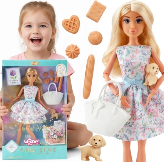 Muñeca Lily Woopie Royal de 30 cm con vestido primaveral, accesorios de picnic y perrito