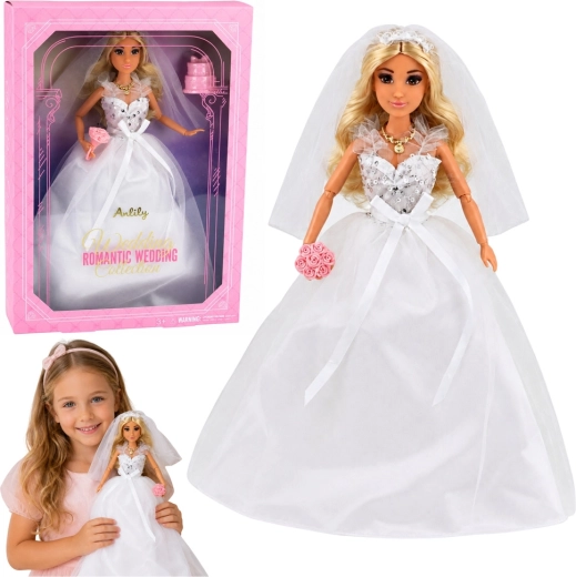 Muñeca Anlily novia con vestido de novia con lentejuelas, con velo, ramo y tarta - 1 pieza