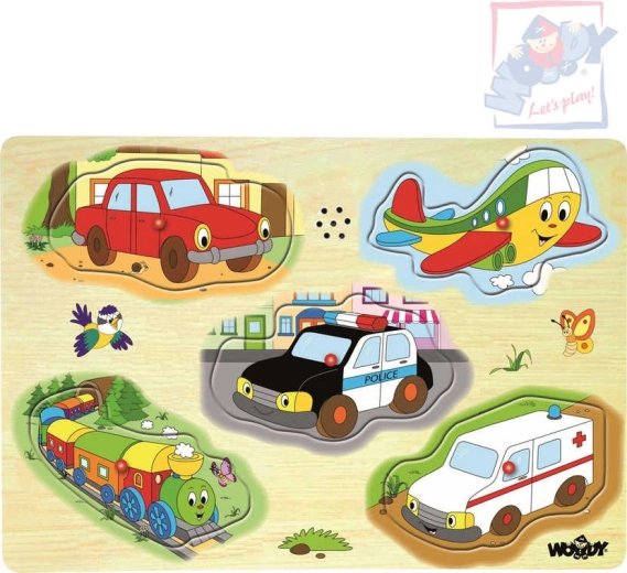 Woody rompecabezas de madera con sonido: medios de transporte (5 piezas)