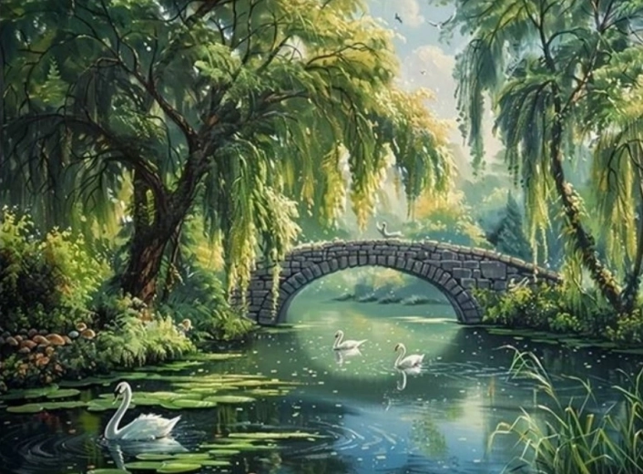 Pintura de diamantes Puente de piedra sobre el río 30 × 40 cm