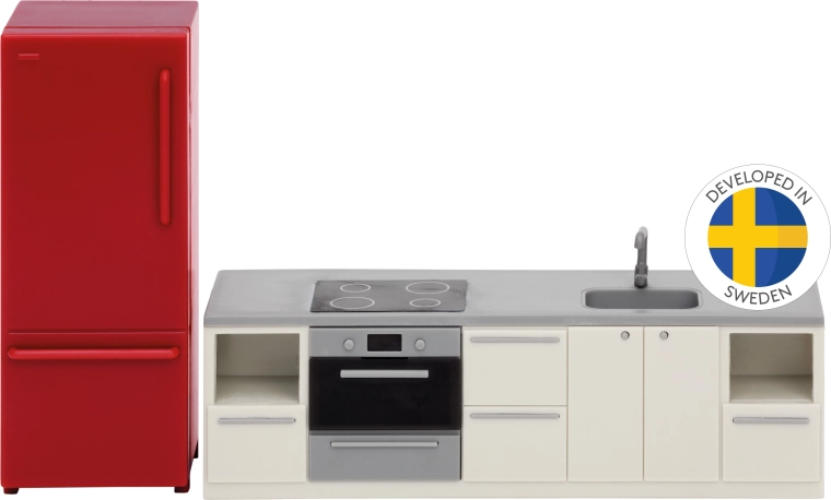 Set de cocina básico para casa de muñecas con nevera Lundby