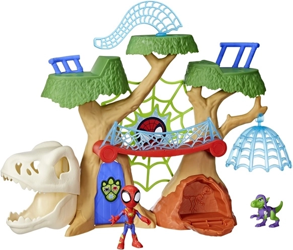 Juego con las figuras de Spider-Man y dinosaurio