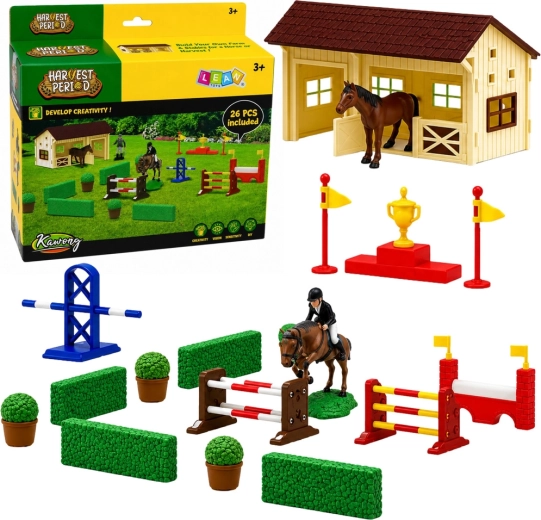 Set de establo ecuestre con caballos y pista de obstáculos, 26 piezas