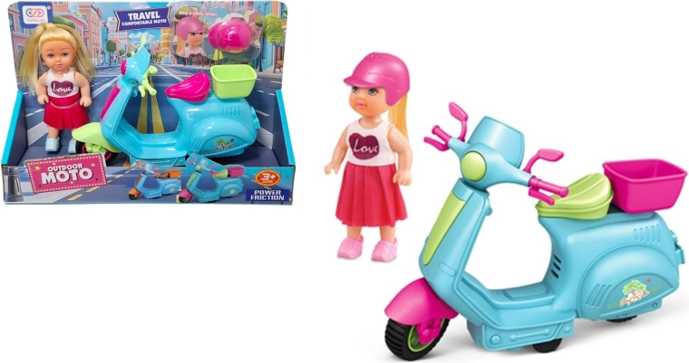 Muñeca en scooter con cesta y casco
