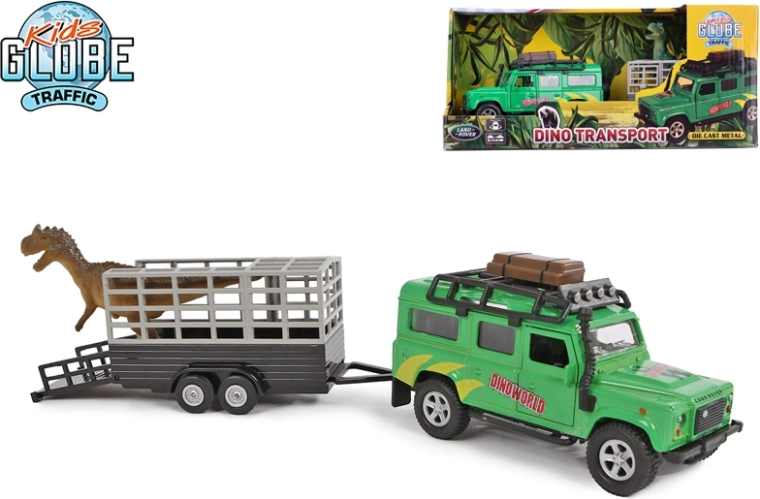 Kids Globe Traffic coche todoterreno LAND ROVER con remolque y dinosaurio 28 cm, metal, retrofricción