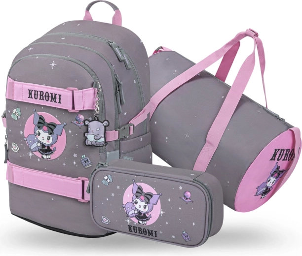 Set Baagl 3 Skate Kuromi Grey – mochila escolar, estuche y bolsa deportiva (GRS)