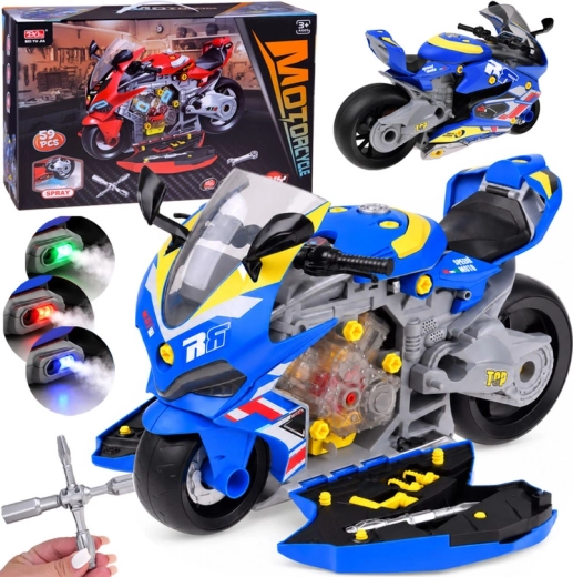 Motocicleta de montaje infantil con taller, luces, sonidos y niebla
