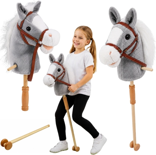 Hobby horse caballo gris en palo de 100 cm con sonidos y ruedas