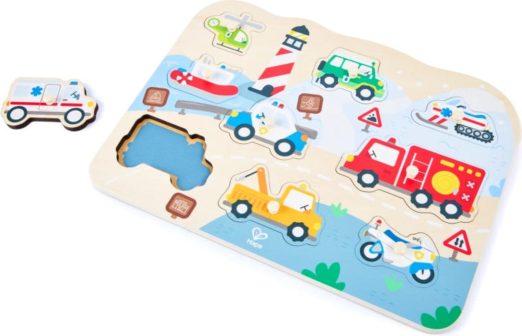 Puzzle de madera encajable con vehículos de emergencia