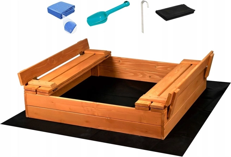 Arenero de madera con tapa y bancos abatibles BABY MIX 100 × 100 cm