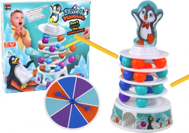Juego de destreza pingüino: canicas, tobogán y torre