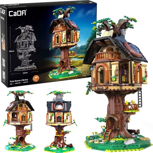 Set de construcción CADA Tree House Library – biblioteca en una casa del árbol con luces LED, 1808 piezas