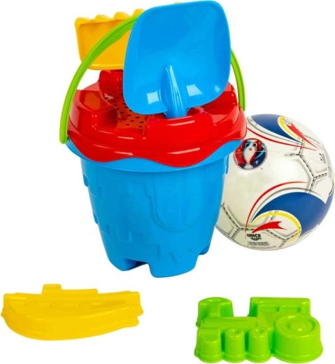 Set de arena con cubo con forma de castillo, pelota y herramientas