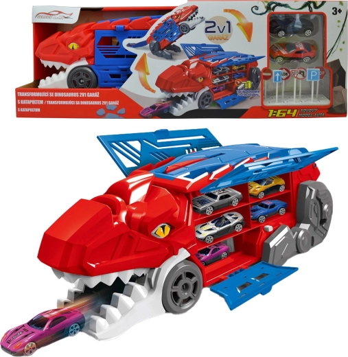 Dinosaurio transformable 2 en 1 con garaje y catapulta