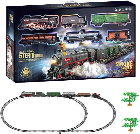 Circuito de tren eléctrico: locomotora de vapor con humo, luz y sonido, 89 piezas
