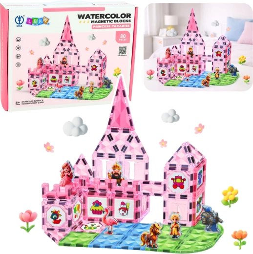 Construcciones magnéticas: castillo de princesa, tarjetas de acuarela, 80 piezas