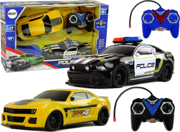 Set de coches R/C para persecución policial – coche de policía y coche deportivo amarillo con 2 mandos