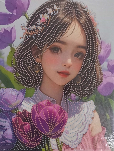 Pintura con diamantes Niña con flores en lienzo 23x30 cm
