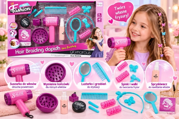 Set de peluquería infantil con secador eléctrico y accesorios