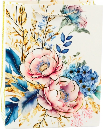 Bolsa de regalo con flores y elementos dorados