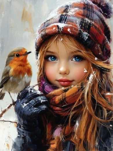 Pintura por números – chica y pajarito 40 × 50 cm