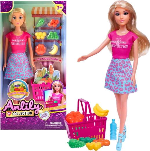 Muñeca con carrito de compras y puesto de frutas y verduras