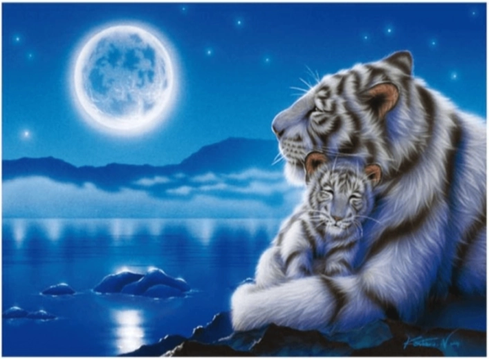 Pintura con diamantes – tigres blancos a la luz de la luna 40 × 30 cm