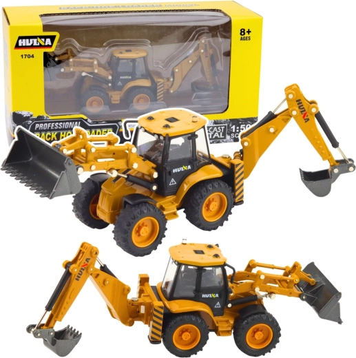Modelo metálico de retroexcavadora Huina en color amarillo, escala 1:50