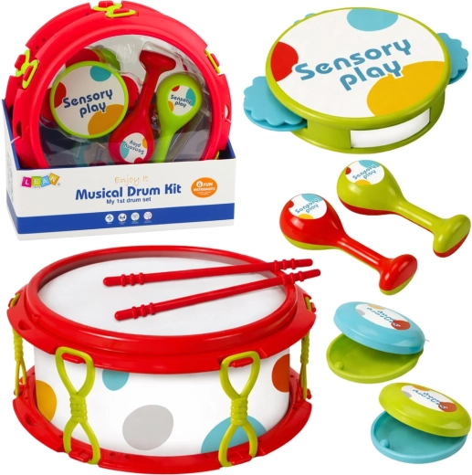 Set de instrumentos musicales infantiles: tambor, sonajas, pandereta y castañuelas