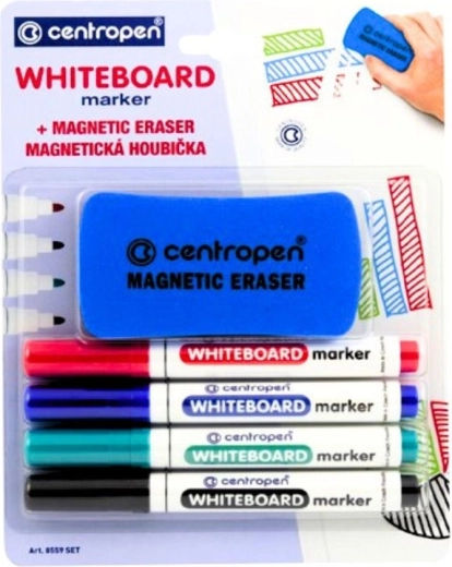 Rotuladores para pizarra blanca con borrador magnético CENTROPEN, set de 4 uds.