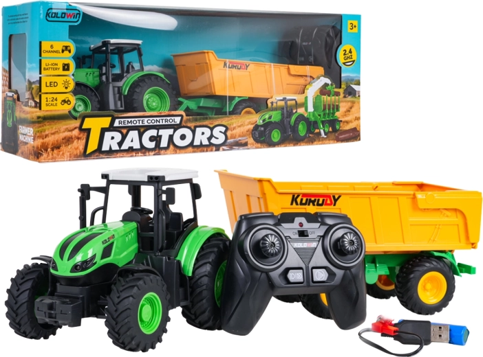Tractor teledirigido con remolque basculante amarillo 1:24
