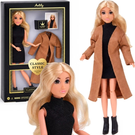 Muñeca Anlily de estilo clásico con abrigo marrón y vestido negro