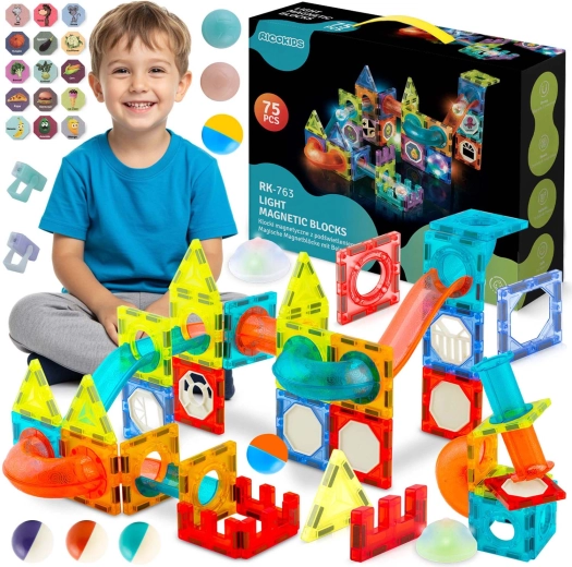 Ricokids juego de construcción magnético luminoso – pista de canicas XL (70+ piezas)