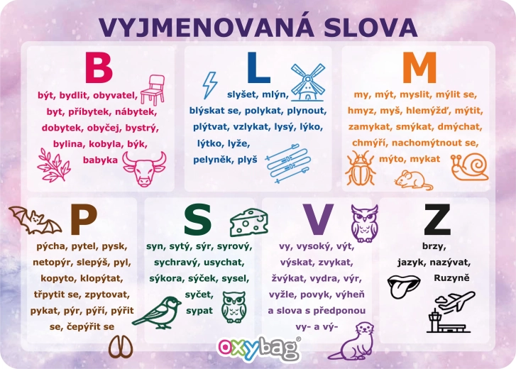 Tarjeta educativa A4 con palabras de la lista (vyjmenovaná slova) motivo Mariposa - 1 pieza