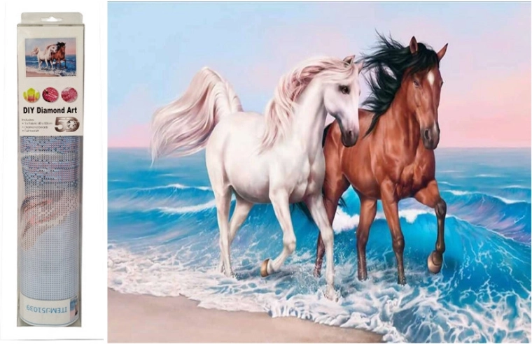 Mosaico de diamantes: caballos galopando en el mar