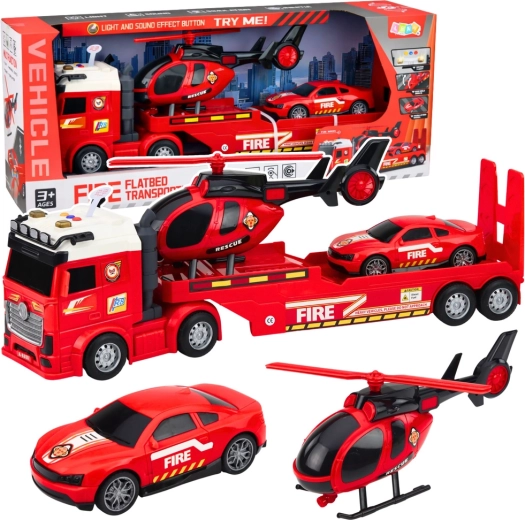 Set de bomberos con camión de remolque, helicóptero y coche deportivo con luces y sonidos