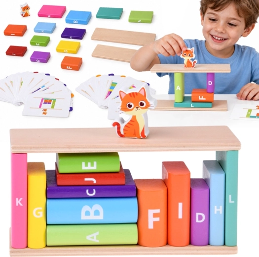 Juego de equilibrio y lógica de madera con gatito