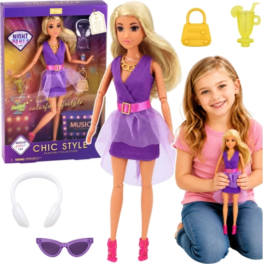 Muñeca Anlily con vestido morado, auriculares y accesorios 30 cm