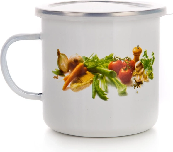 Taza esmaltada con decoración de verduras 0,7 l con tapa de plástico