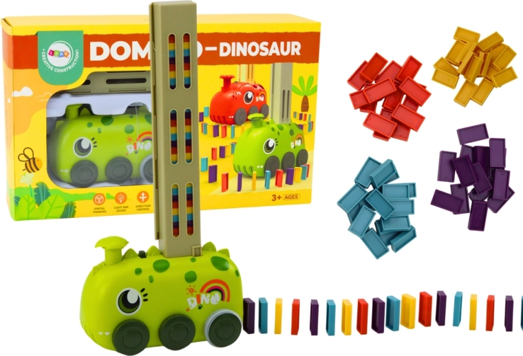 Cochecito verde DINOSAURIO a pilas que coloca dominó de colores