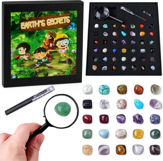 Set de minerales y cristales naturales de 43 piezas con lupa y bolígrafo