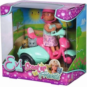 Muñeca EVI LOVE en scooter con perrito y gatita, 12 cm