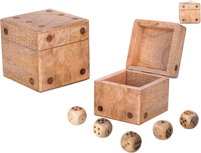 Dado de madera de madera de mango con caja de almacenamiento y set de 5 dados de juego