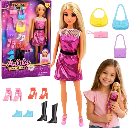 Muñeca Anlily con vestido rosa con set de bolsos y zapatos