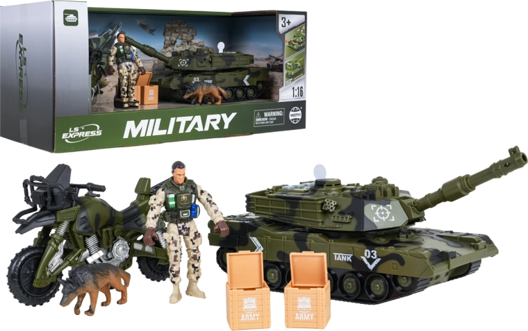 Set militar con tanque, motocicleta y figuras