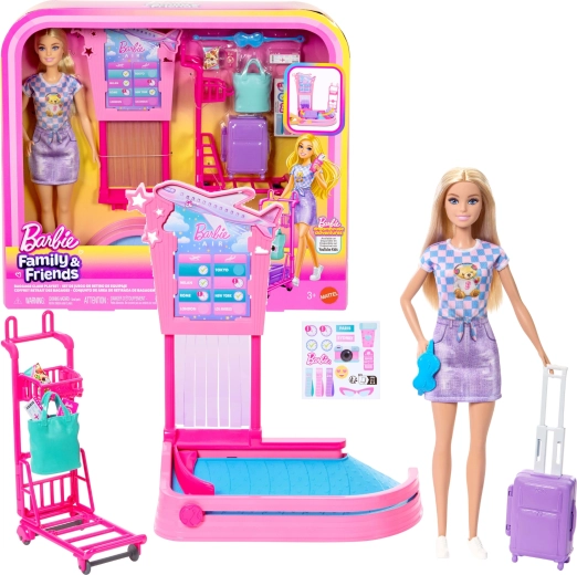 Aeropuerto Barbie: set de juego de facturación y recogida de equipaje con muñeca y accesorios