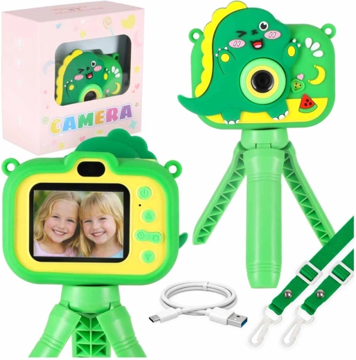 Cámara digital infantil con diseño de dino en trípode – verde