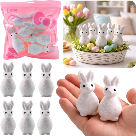 Conejitos de Pascua blancos y brillantes de poliestireno - 6 unidades